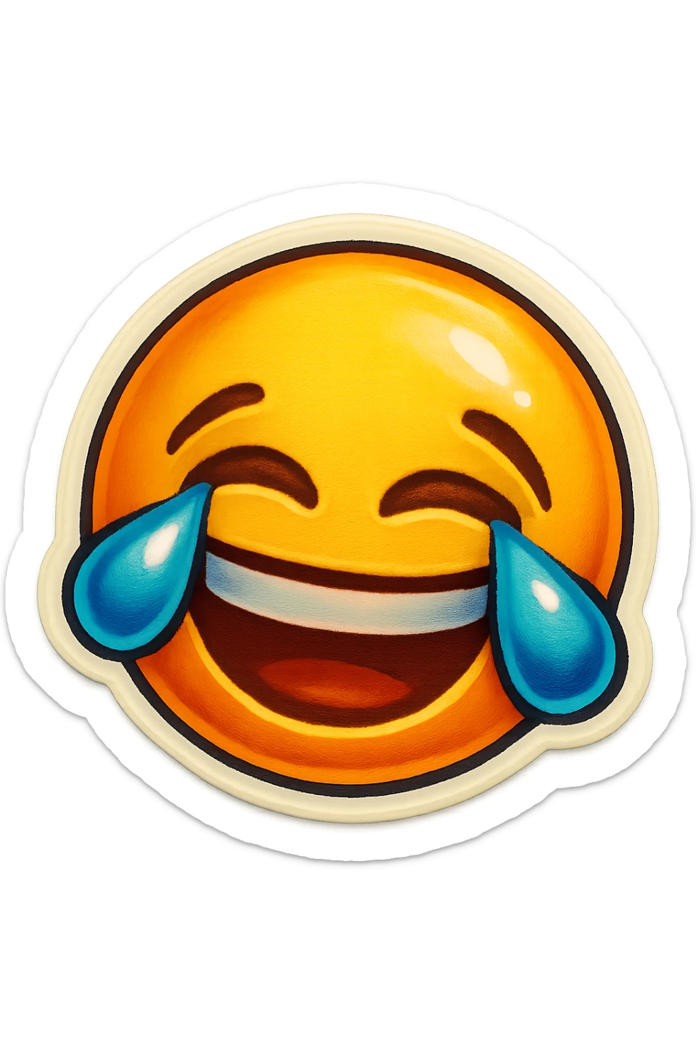 A laughing emoji with tears sticker in retro stickers style, with a vintage design and a retro vibe sticker