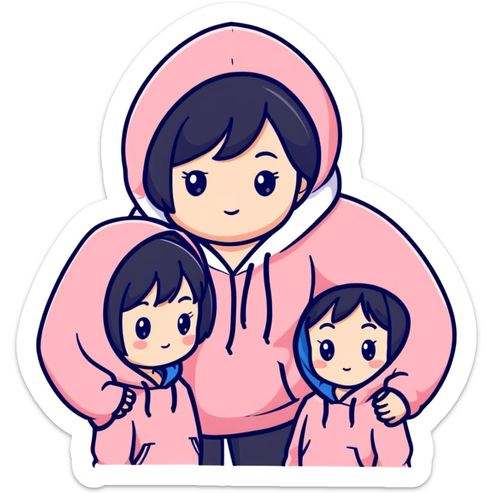 Two adorable Japanese girls with black hair wearing casual Western clothing like hoodies or blouses, their cheeks touching, kawaii style sticker