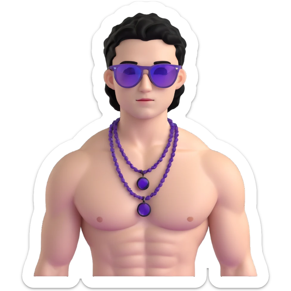 shirtless male athlete with white skin and moderately curly black hair on top with shaved sides, wearing purple sunglasses with black tinted lenses and a shiny black necklace sticker