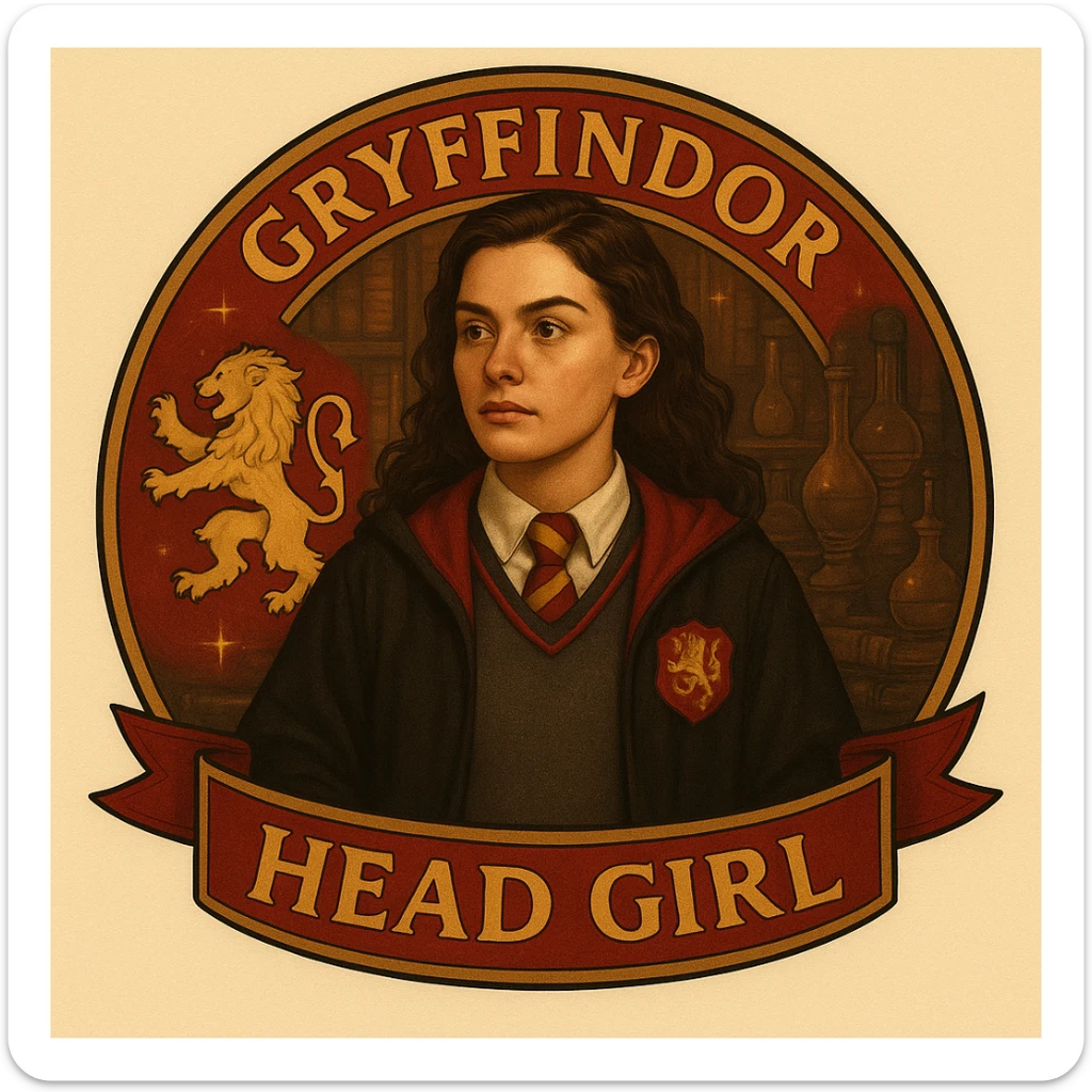 Make this Gryffindor head girl badge more realistic, with lifelike facial features, realistic textures on the uniform, and a detailed lion emblem, keeping the magical and academic atmosphere. sticker