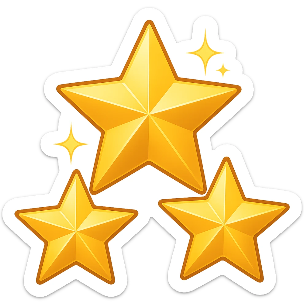 3 golden stars, one big in the center and two smaller on the sides, with a subtle gradient and sparkles (emoji style) sticker