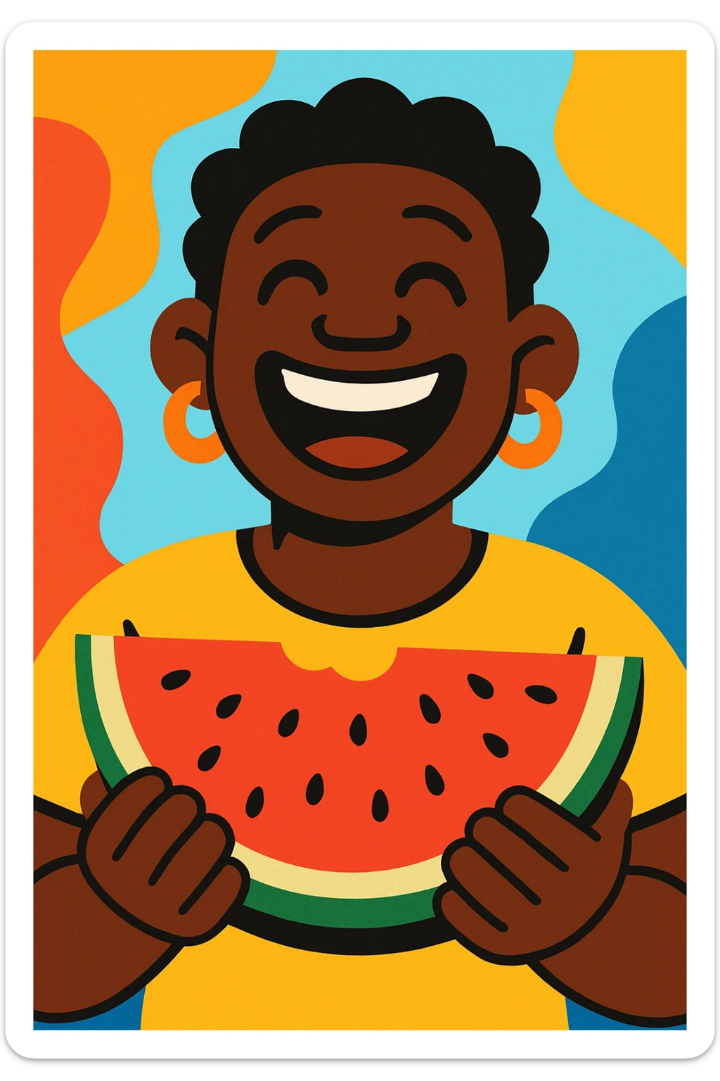 a Black person holding watermelon, laughing, warm and welcoming, colorful and playful sticker