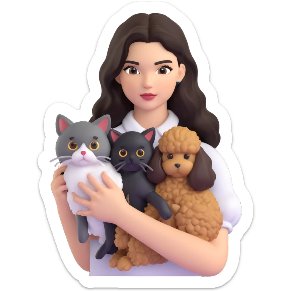 Kendall Jenner with long dark hair, holding a brown poodle and a black and white cat sticker