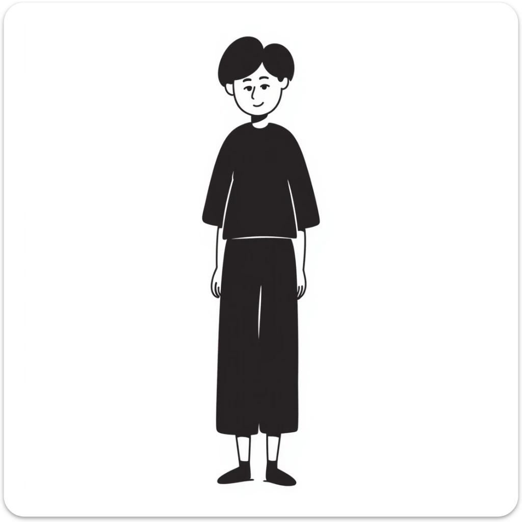 full-body person of Asian descent, short dark brown hair, slender build, hand drawn doodle style sticker