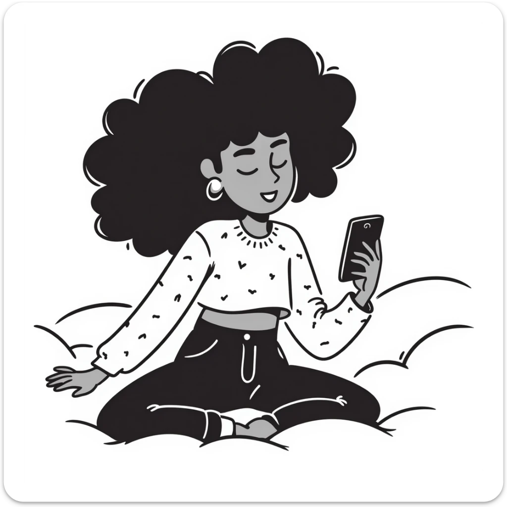 Brown-skinned teenage girl with curly black hair lying on bed looking at cellphone, heavy makeup, big lips, tight crop top, hoop earrings, choni style urban clothing sticker