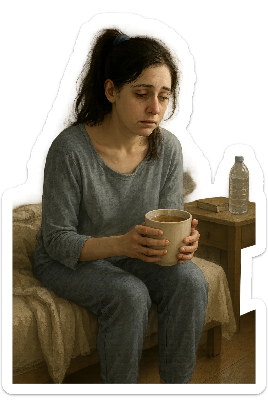 A realistic, cinematic illustration of a woman in her early 30s with a tired, pale appearance, sitting on the edge of her bed in a softly lit bedroom during the morning, looking exhausted and drained. Her posture is slightly slouched, and dark circles are visible under her eyes. She wears comfortable loungewear, holding a warm cup of herbal tea in her hands, seeking comfort. The scene includes a cozy yet slightly messy room with a blanket, a water bottle, and a book on the nightstand, emphasizing chronic fatigue. Soft natural light comes through the window, highlighting her expression of persistent tiredness despite rest, capturing the invisible struggle of chronic fatigue syndrome while maintaining dignity and a gentle aesthetic. sticker