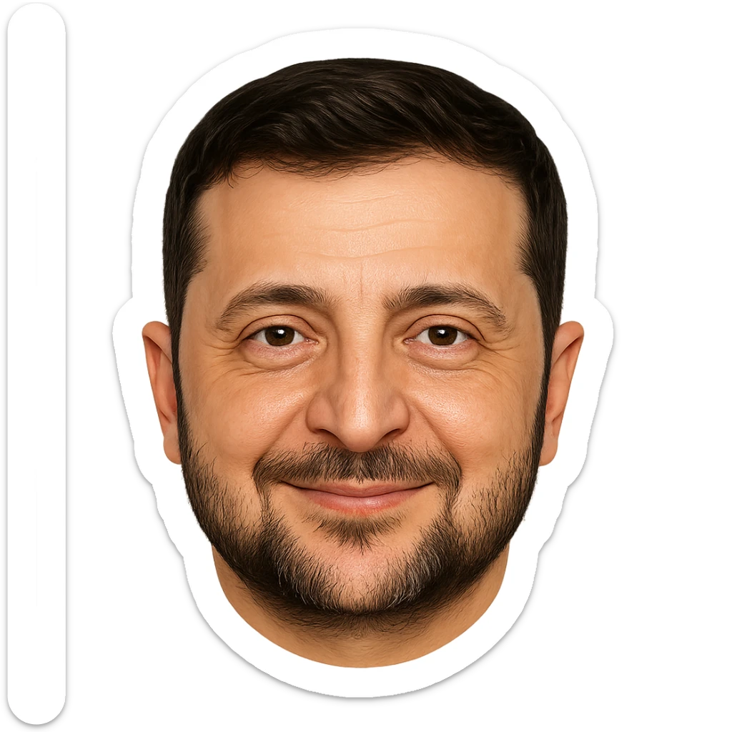 Vladimir Zelensky as an emoji with a round face, close likeness to his real face, detailed hair, beard, and eyes, friendly smile, high quality sticker