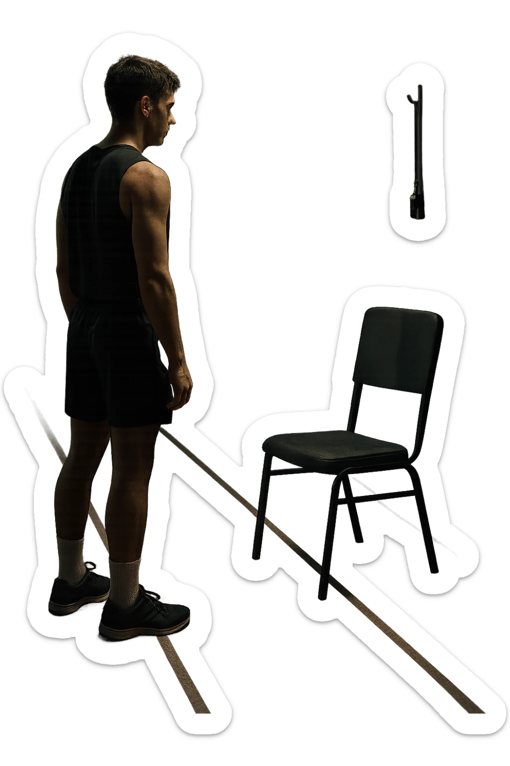 cinematic a person stands alone on a running track or in a fitness studio, glancing toward an empty coach’s chair or whistle hanging on a hook. The absence of the coach is emphasized by a faint, transparent silhouette or shadow where the coach should be. The atmosphere is quiet and a bit disheartened. in italiano sticker