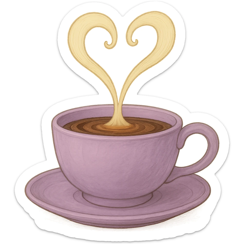 Change the pink mocha with steam forming a heart to lavender, keep it cute and inviting in Ghibli style, with no background. sticker