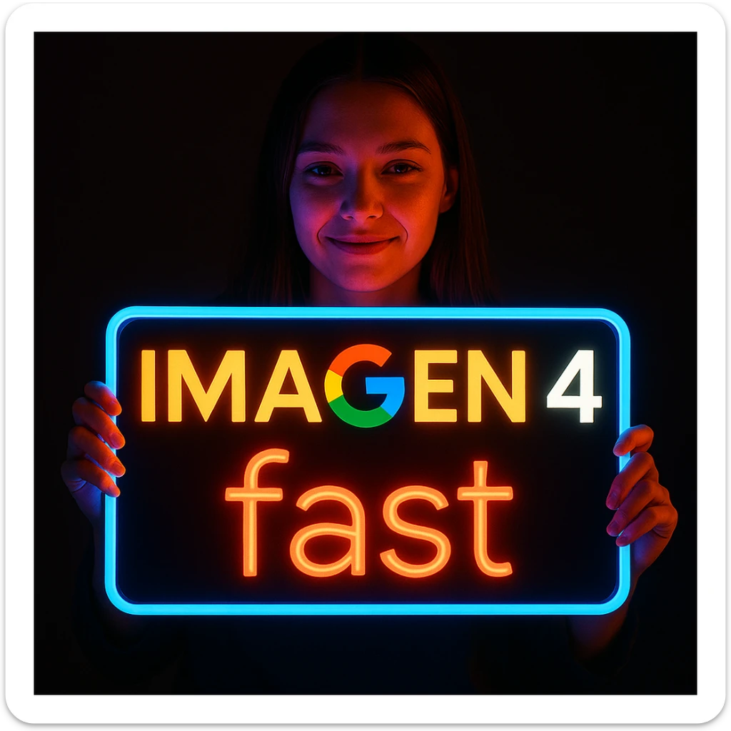 make a girl holding this sign, but sign in made of neon, also add fast below the sign sticker