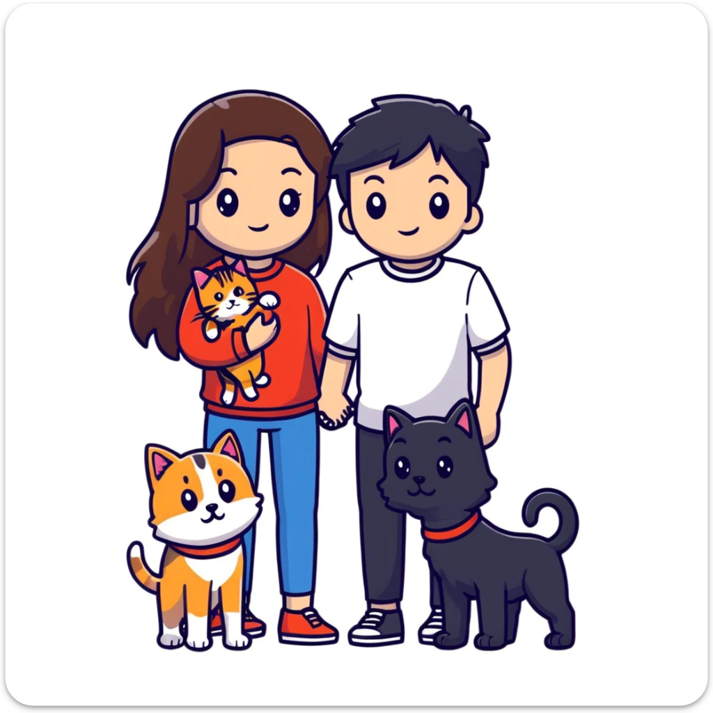 A girl with long brown hair holding the hand of a boy with black hair, both dressed in black, holding a cat and dog sticker