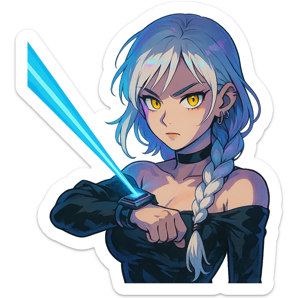  a closeup portrait of young woman with gold yellow eyes, white hair, long braid, black off-shoulder top d-cup, punk gothic style, futuristic cyberwave cyberpunk,  shooting a blue lazer from a small device on her left wrist sticker
