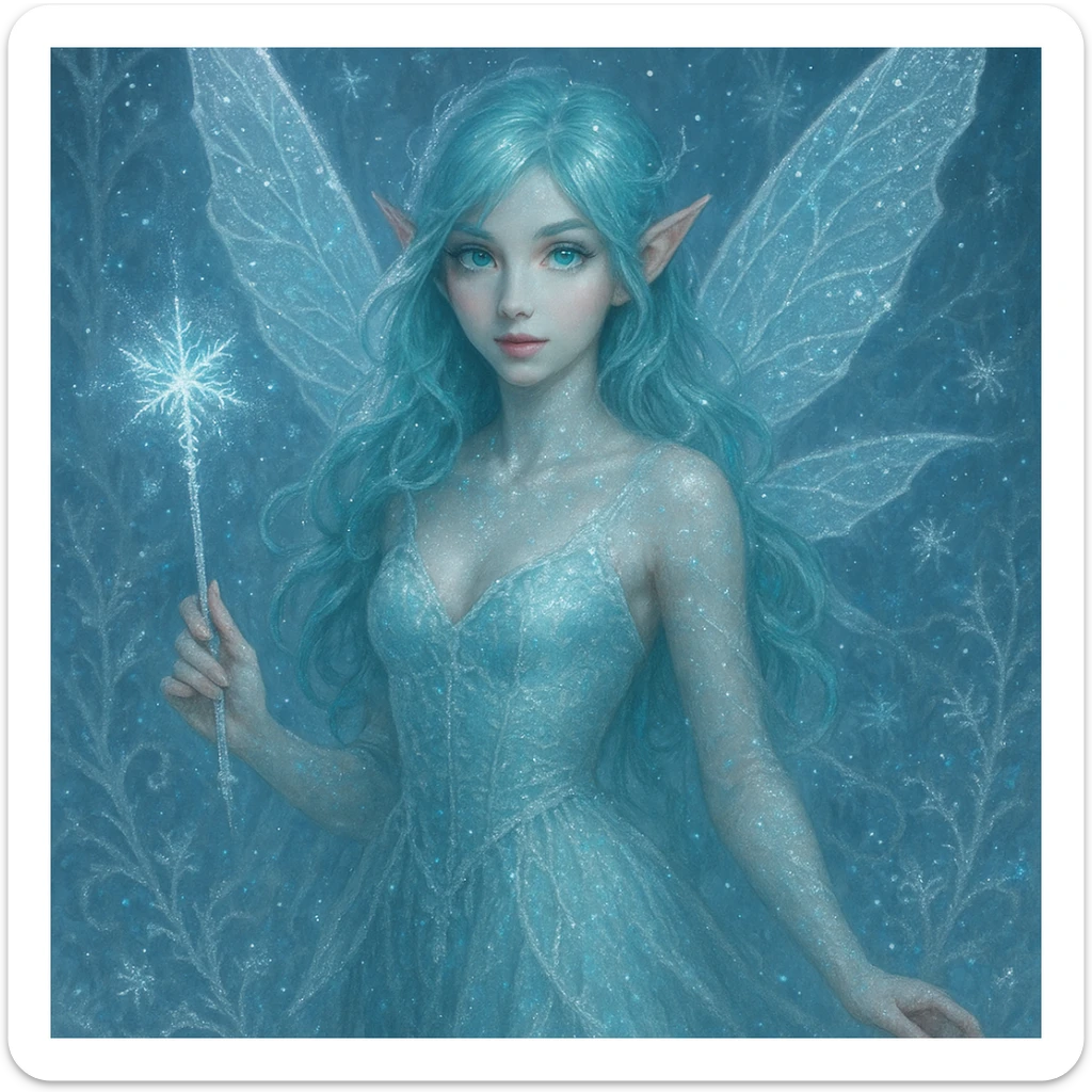 ice fairy with aqua-colored eyes and hair, holding a frosty wand, shimmering, elegant, fantasy style sticker