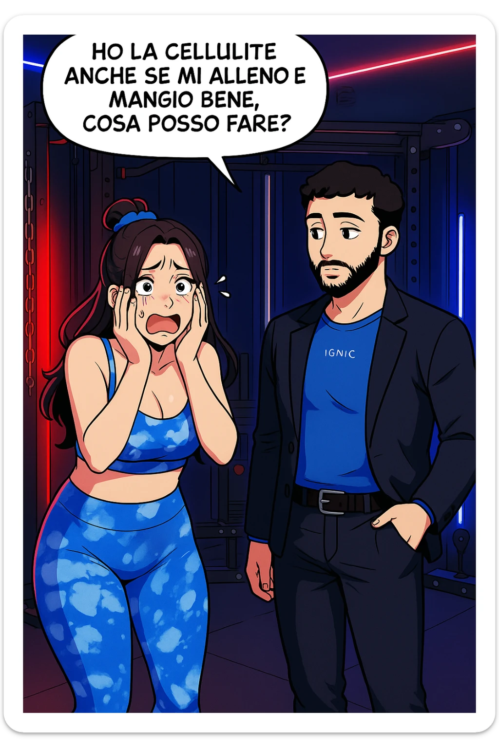 TRASFORMA QUESTO CAROSELLO IN UN FUMETTO STILE WEBTOON/MANGA A COLORI CON QUESTE DUE PERSONE IDENTICHE CHE INTERLOQUISCONO TRA LORO, LA DONNA è DISPERATA CON LE MANI SULLE GUANCE E STA DOMANDANDO TUTTA AGITATA UNA COSA ALL'UOMO:

LEI (DONNA): Ho la cellulite anche se mi alleno e mangio bene, cosa posso fare? sticker