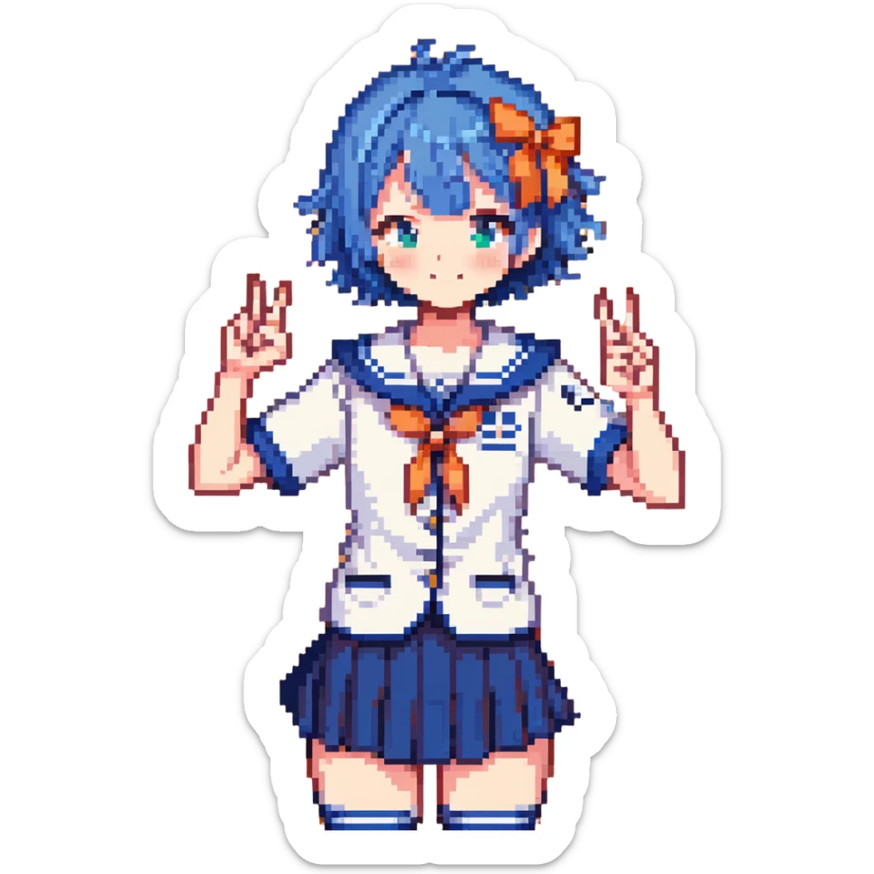 Pixel art energetic anime girl with short blue hair wearing Japanese sailor style school uniform, striking a victory pose, very cheerful sticker