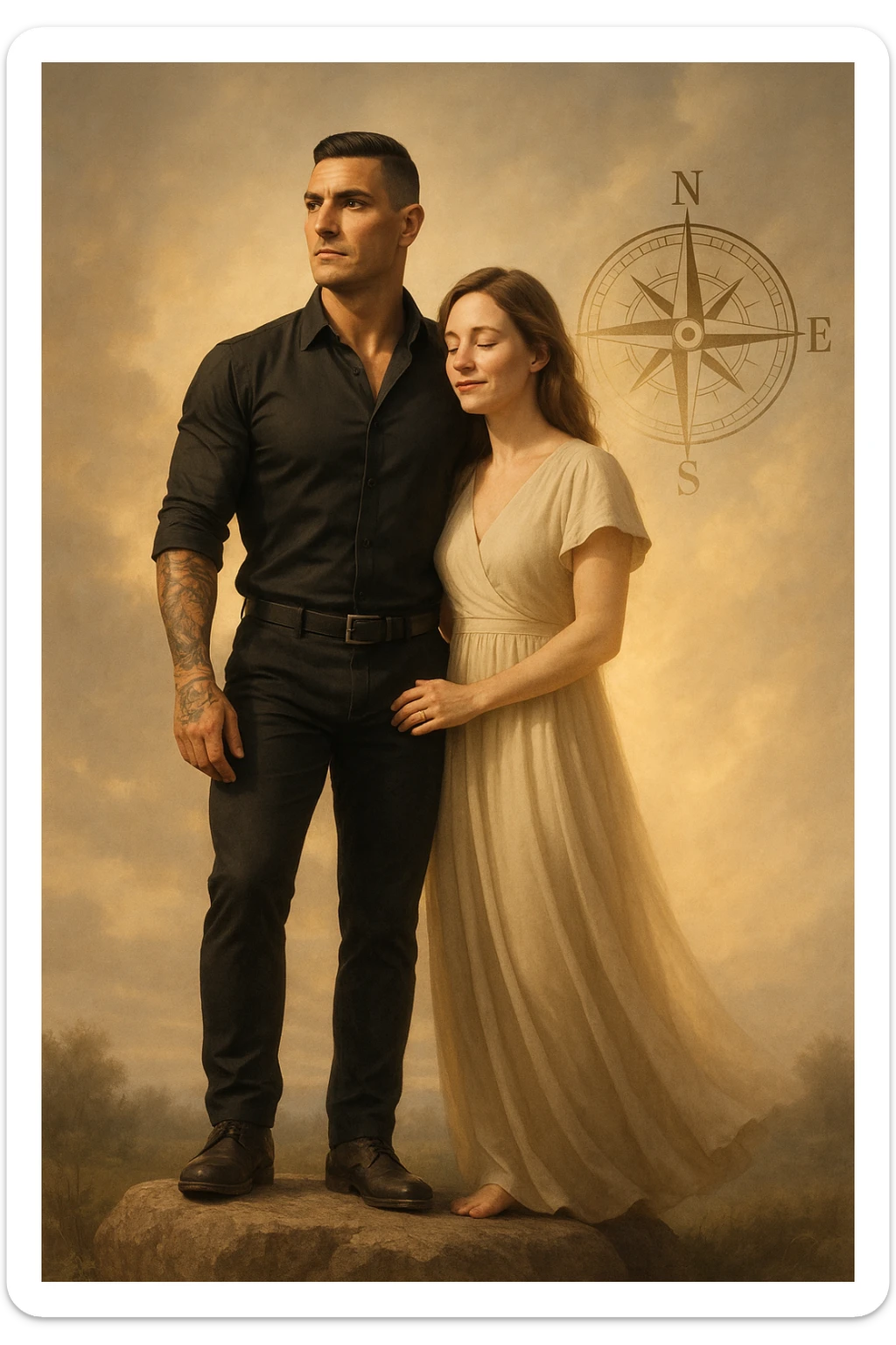 Uomo tra i 35 e i 45 anni in piedi accanto alla sua compagna, in uno spazio calmo e simbolico. Lui guarda avanti con sguardo deciso, postura ferma, braccia rilassate ma solide, mentre la donna al suo fianco si sente protetta e leggera, con un’espressione serena. Intorno all’uomo, simboli di direzione e stabilità (bussola, luce calda, pietra solida sotto i piedi). La donna ha una luce morbida attorno, come se fosse alleggerita dalla presenza maschile. Ambientazione naturale o metaforica. Stile realistico, con tocchi simbolici. Tono calmo, profondo, ispirazionale sticker