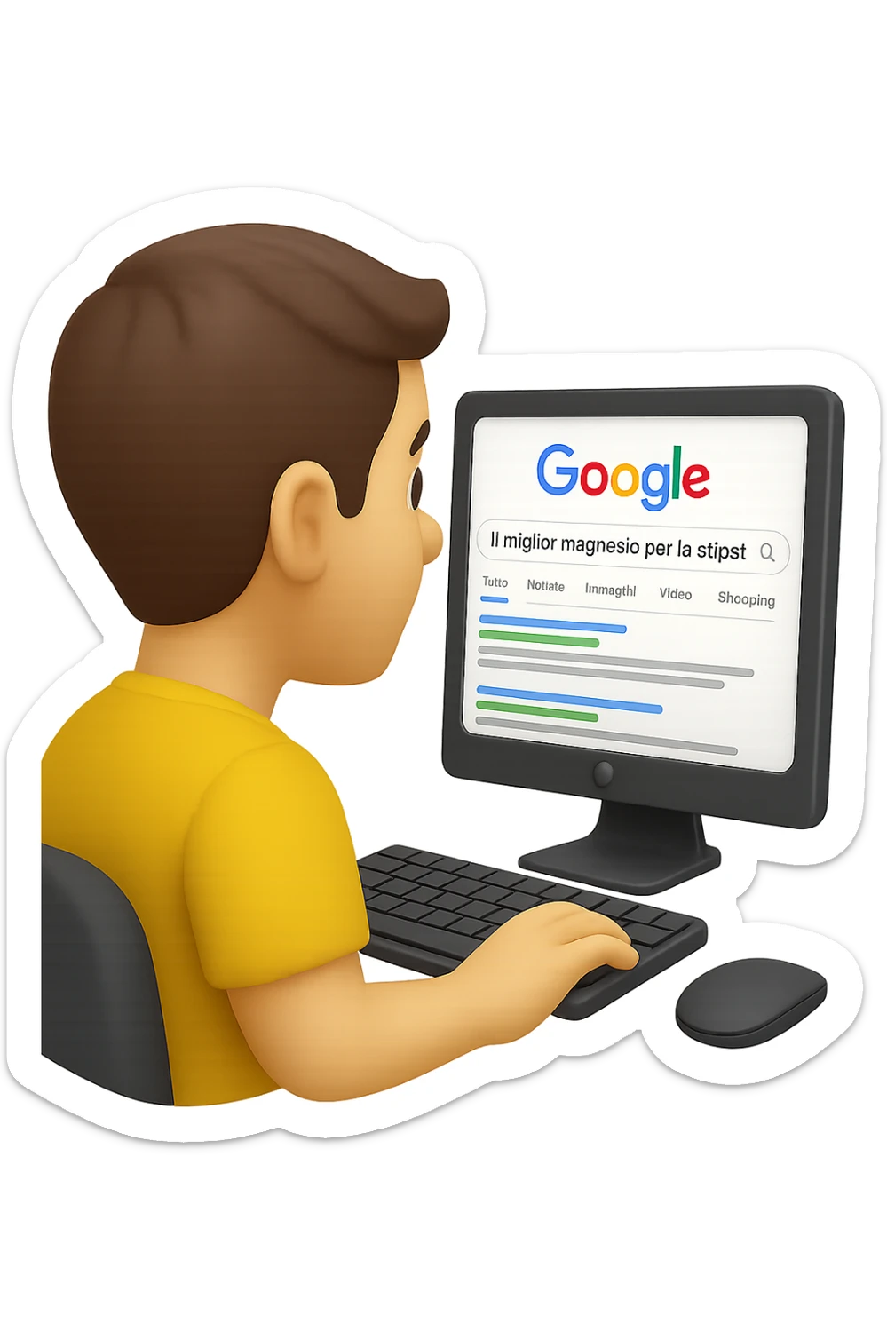 emoji stile iphone di un uomo davanti al pc che cerca di google: "Il miglior magnesio per la stipsi", iperrealistico 4k sticker