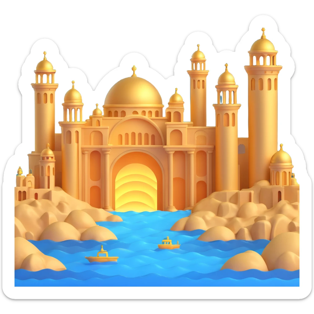 futuristic golden city beneath the sea with domes, pillars, and glowing accents sticker