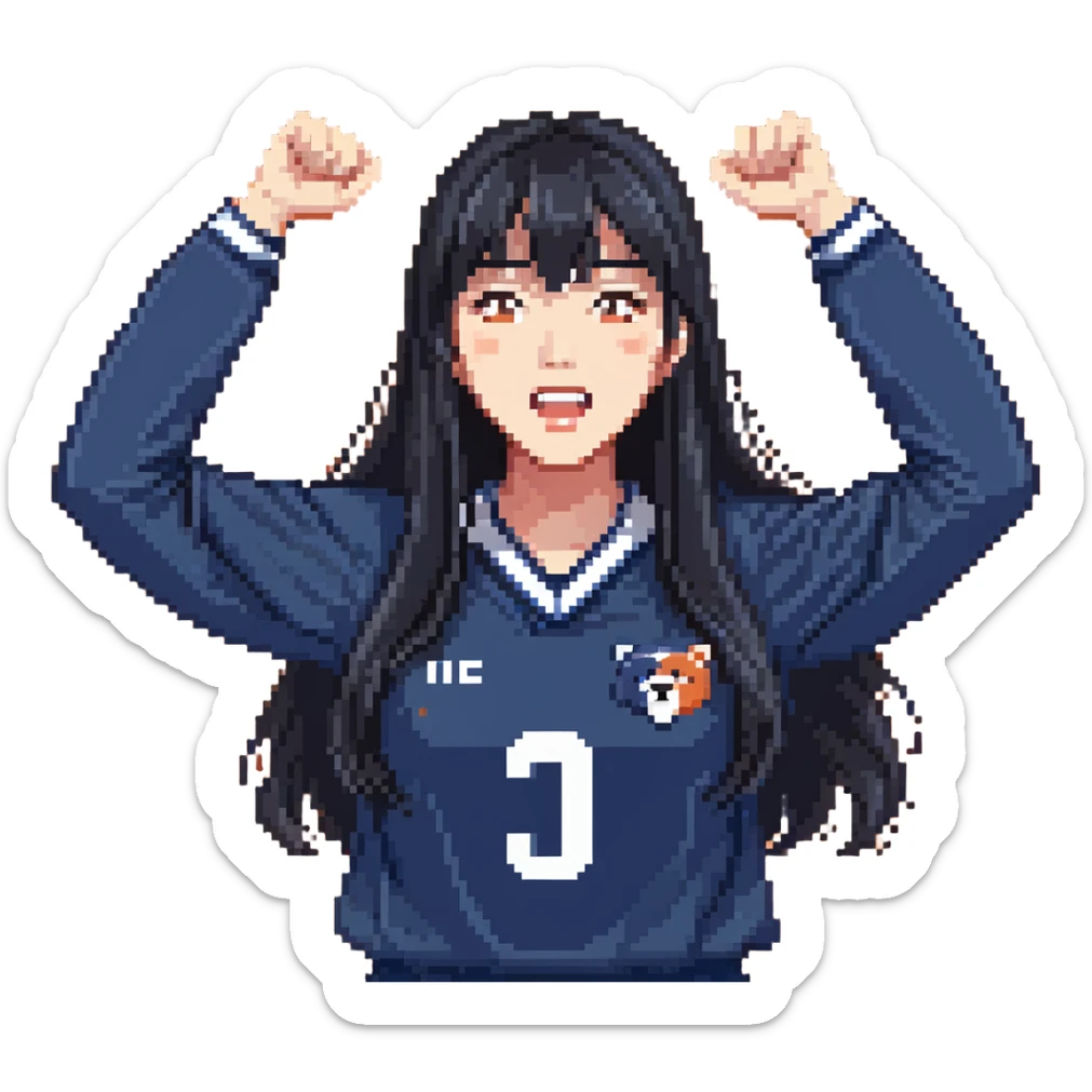 East Asian woman with long black straight hair and bangs wearing navy and white Doosan Bears team colors, cheering sticker