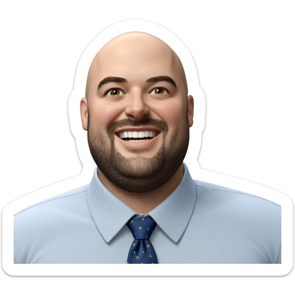 bald boy smiling in shirt sticker