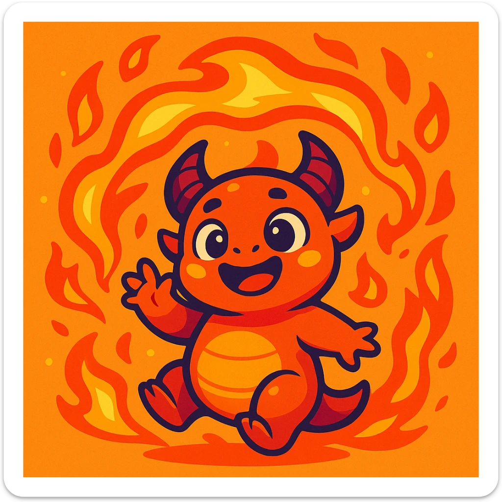 a baby monster with fire swirling around it, vibrant colors, playful and friendly expression, fantasy illustration sticker