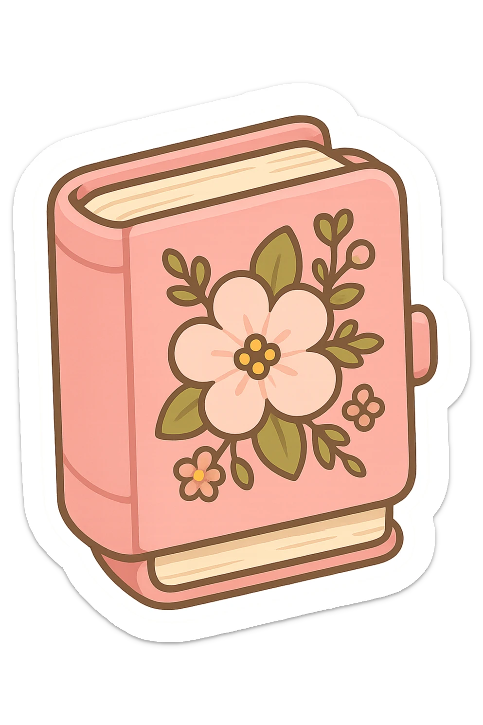 chibi sticker-style book with a pink cover, floral details, girly, cute and exaggerated sticker