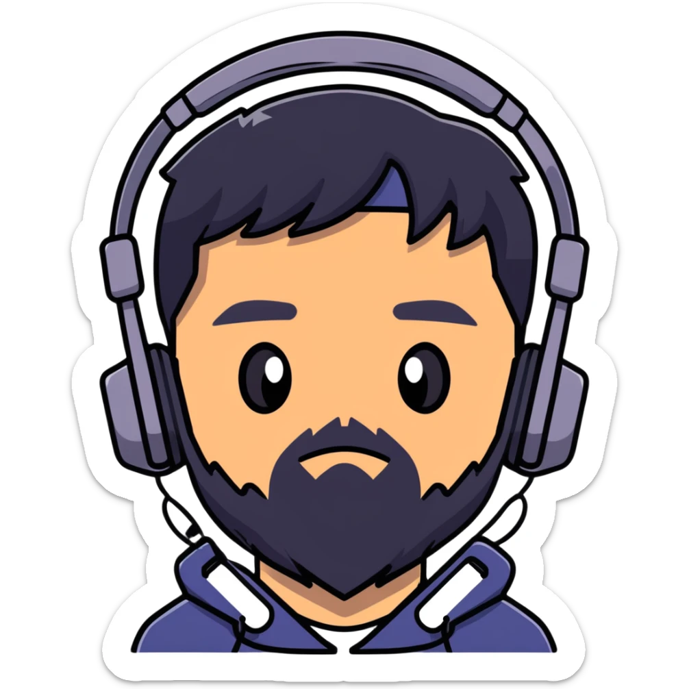 Anime-style character with black hair, brown eyes, black beard, and gaming headset, Japanese animation style sticker