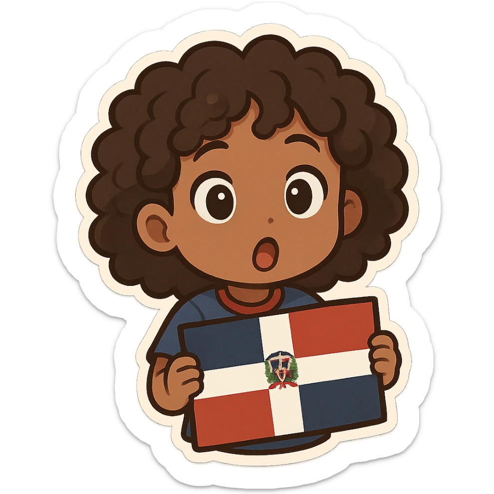 chibi emoji of a Dominican character with curly hair and brown skin, surprised expression sticker