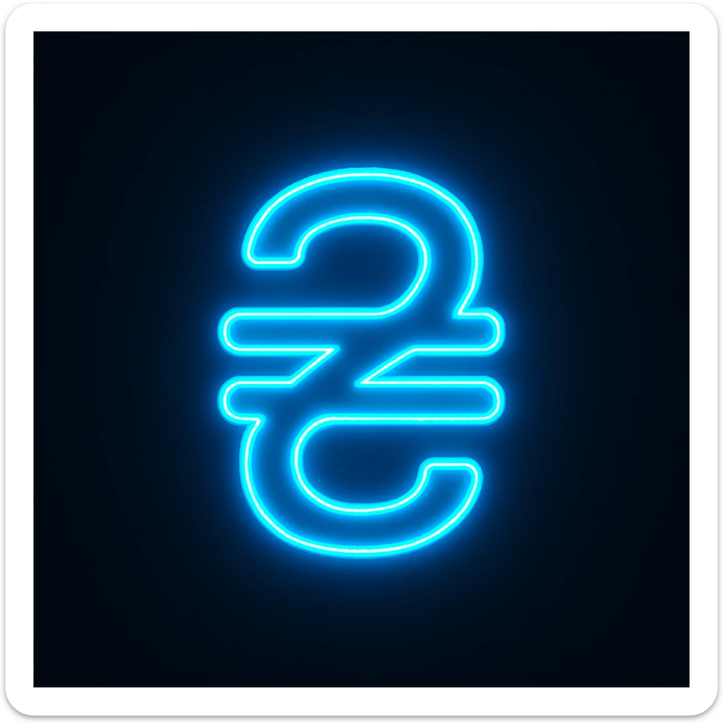 Hryvnia sign (₴) emoji, neon-blue style, electric-blue glow, smooth lines, techy aesthetic, dark background. sticker