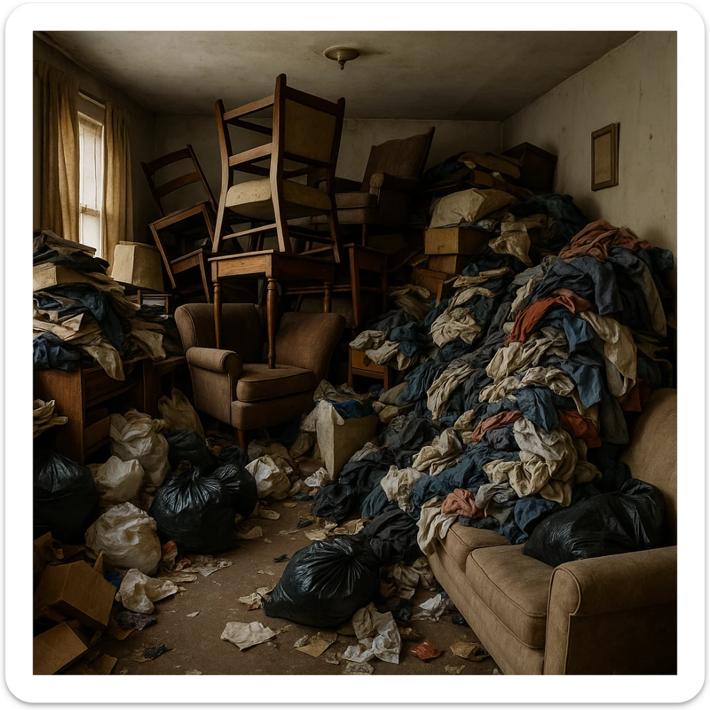 an interior scene of a room filled with stacked furniture, clothes, and trash, showing a hoarding environment, cluttered, messy, chaotic sticker