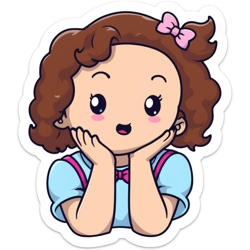 girl with brown curly hair and fair skin crying with pink bow in her hair sticker