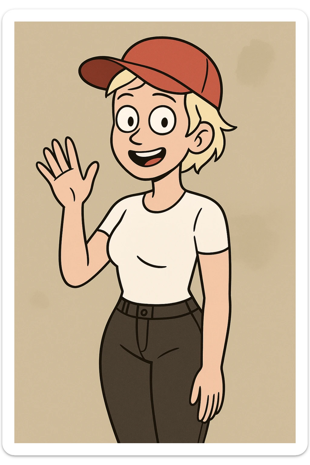 A woman Very Light Blonde short hair Red Ultimate panel Cap white top black jeans a hand say hello sticker