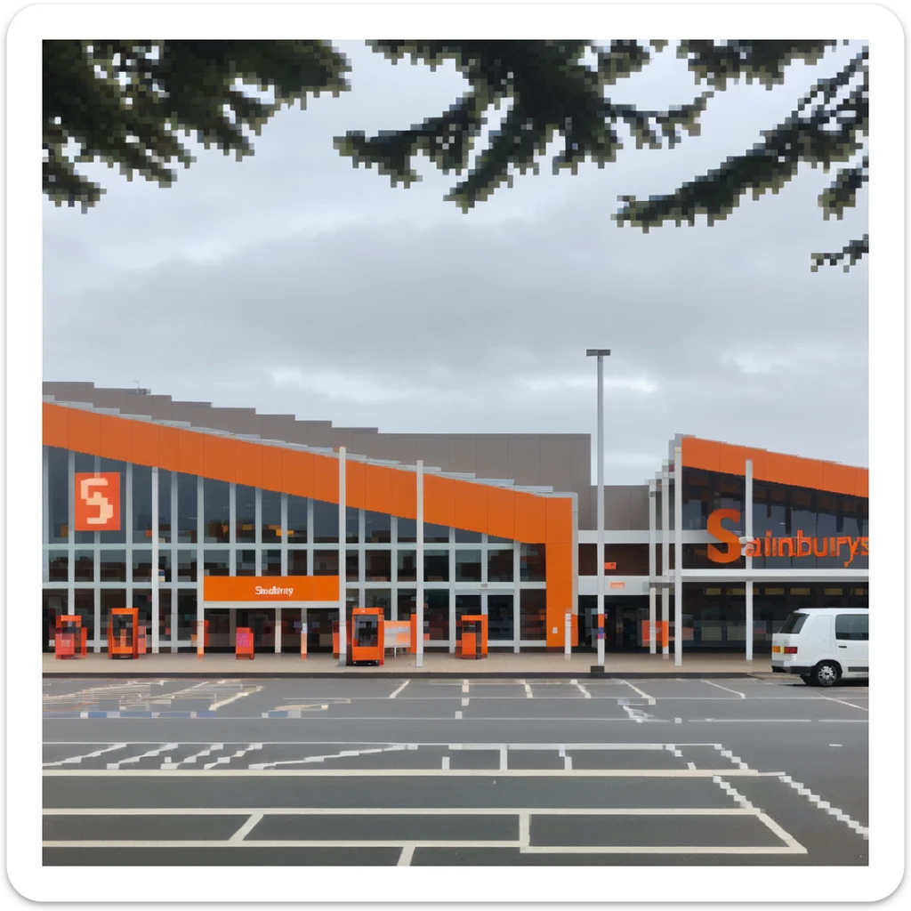 Isometric view of a Sainsbury's supermarket building with orange signage, large glass entrance, shopping trolleys, and car park with parent-child parking spaces sticker