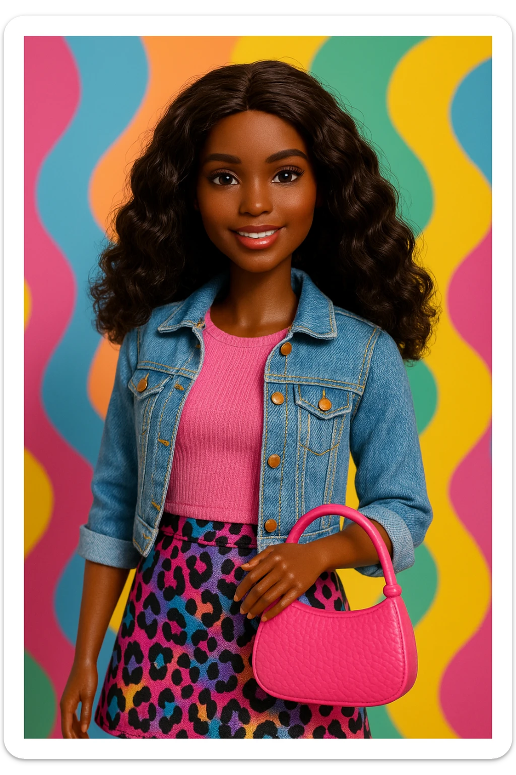 Barbie with dark skin and wavy hair, trendy outfit, holding a purse, friendly expression sticker