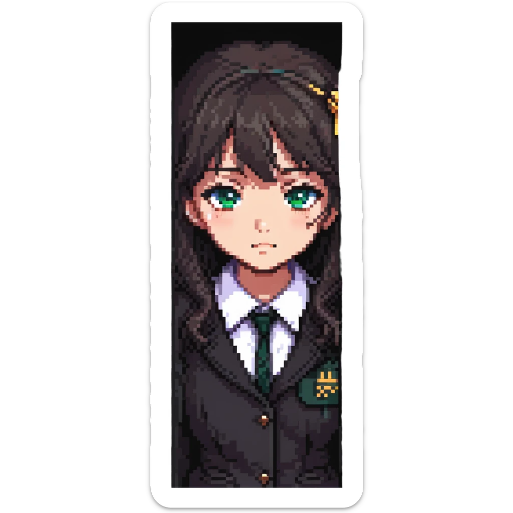 Japanese anime schoolgirl detective peeking from behind a wall, mysterious expression, pixel art style sticker