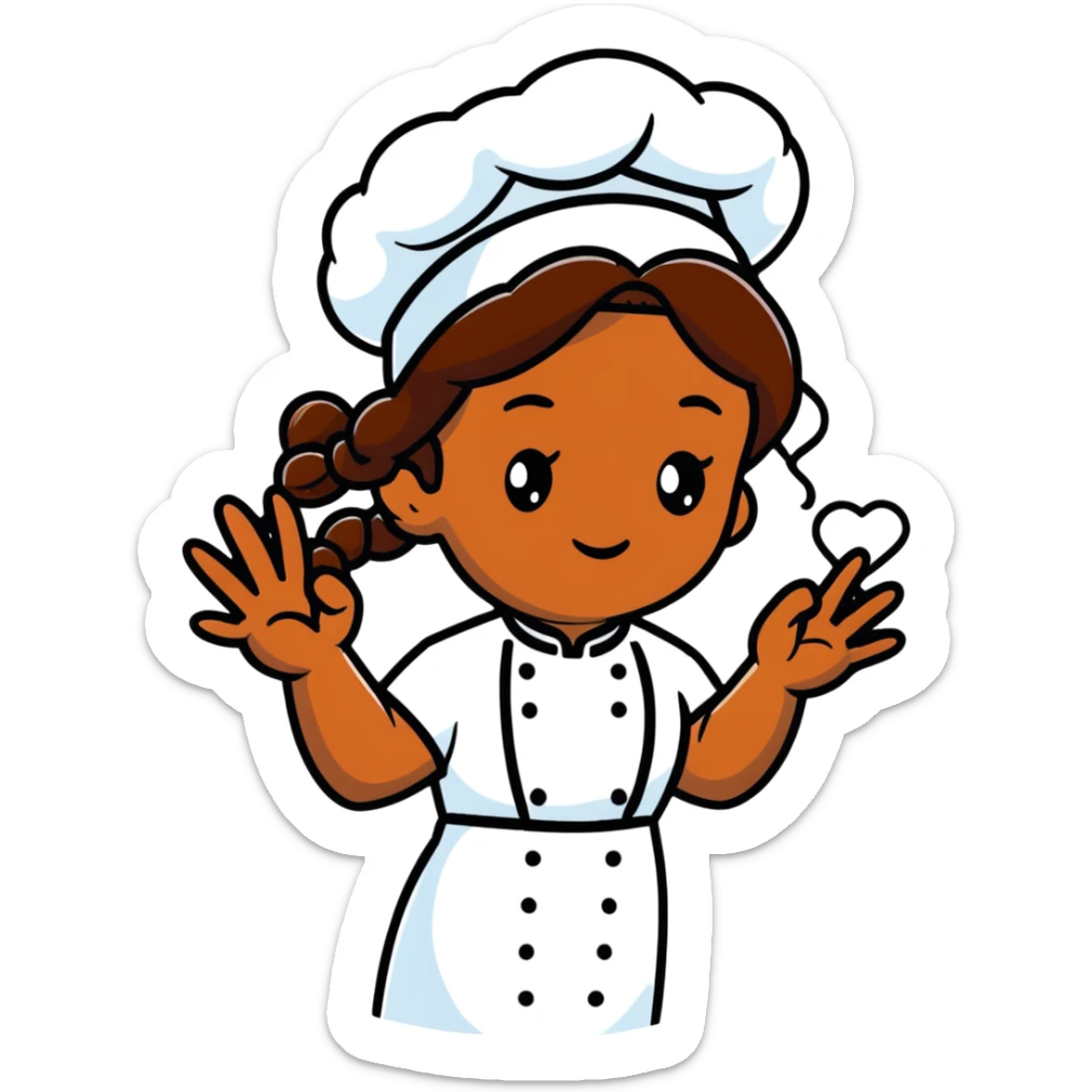 Brown-skinned female chef with long braided brown hair, wearing a chef's hat, with both an angel halo and devil horns, making a heart shape with her hands sticker