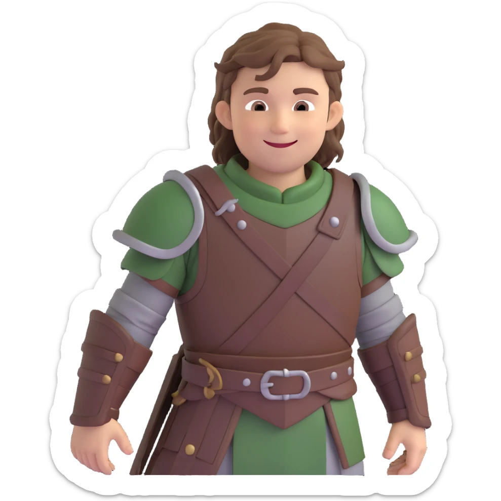 young Viking boy from How to Train Your Dragon, tousled brown hair, wearing armor and green tunic, smiling, 3D animated style sticker