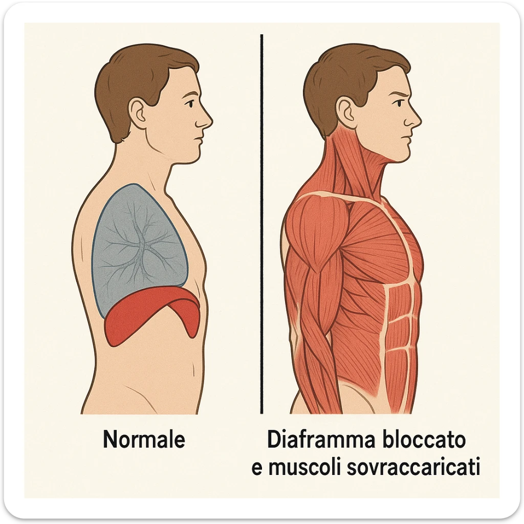 illustrazione con confronto, lato sinistro normale, lato destro con diaframma bloccato e muscoli sovraccaricati, didascalia in italiano sticker