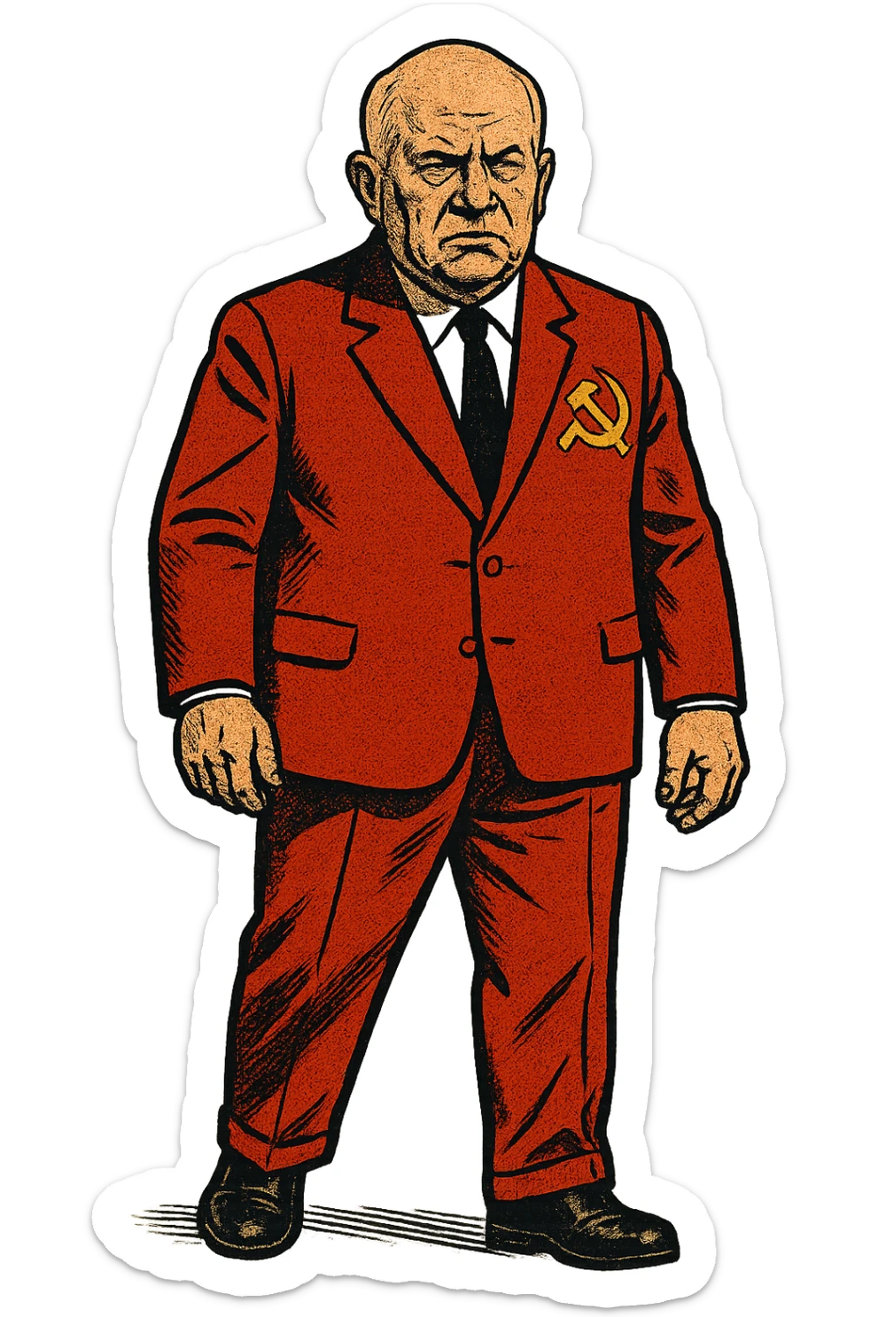 The full body of a male middle aged Russian leader who looks like Nikita Khrushchev wearing a red suit with the communist party logo and looking seriously sticker