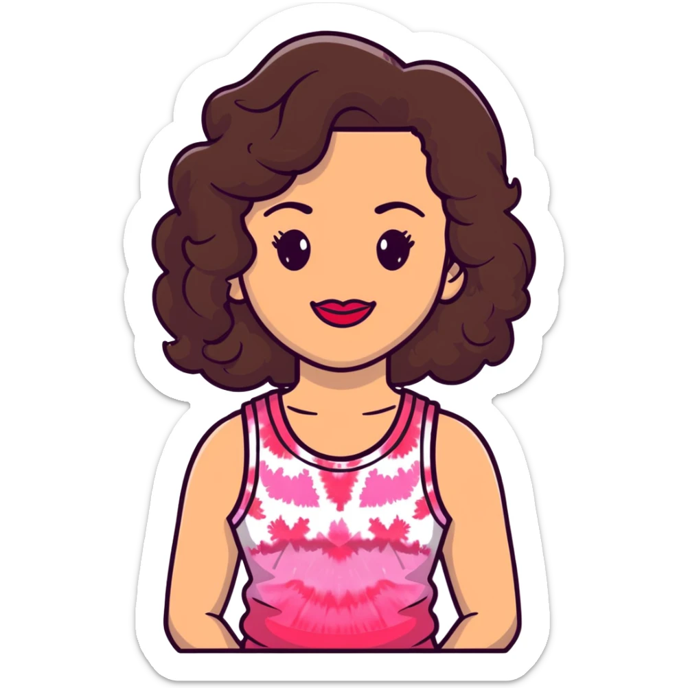Artistic woman with fair skin, elongated face, abundant dark brown curly hair, large expressive almond brown eyes, full lips with soft red lipstick, wearing pink tie-dye tank top, maternal welcoming smile sticker