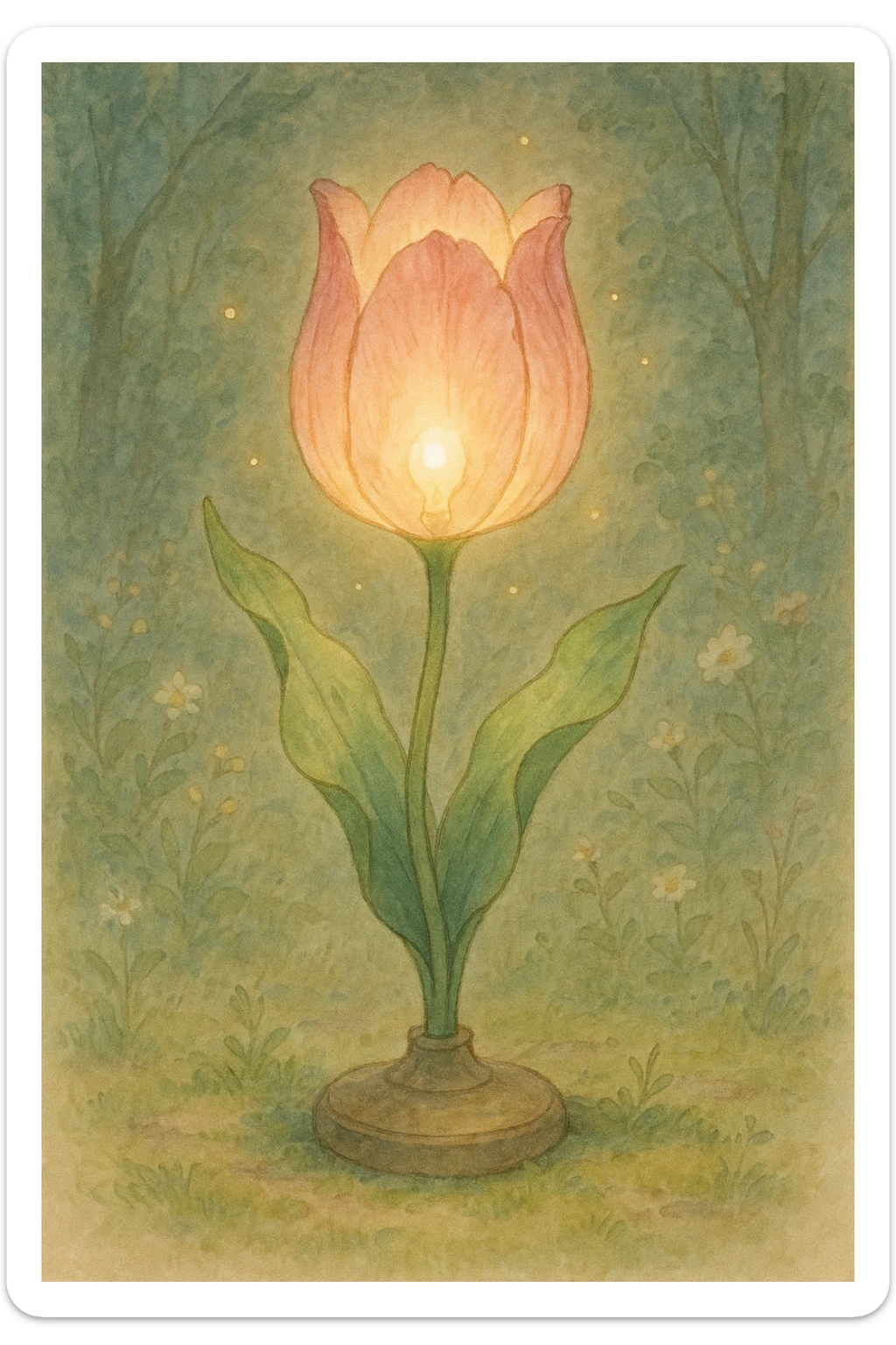 a lamp made out of a tulip flower, the bulb in the flower, natural colors, soft, fairy-like atmosphere,  sticker