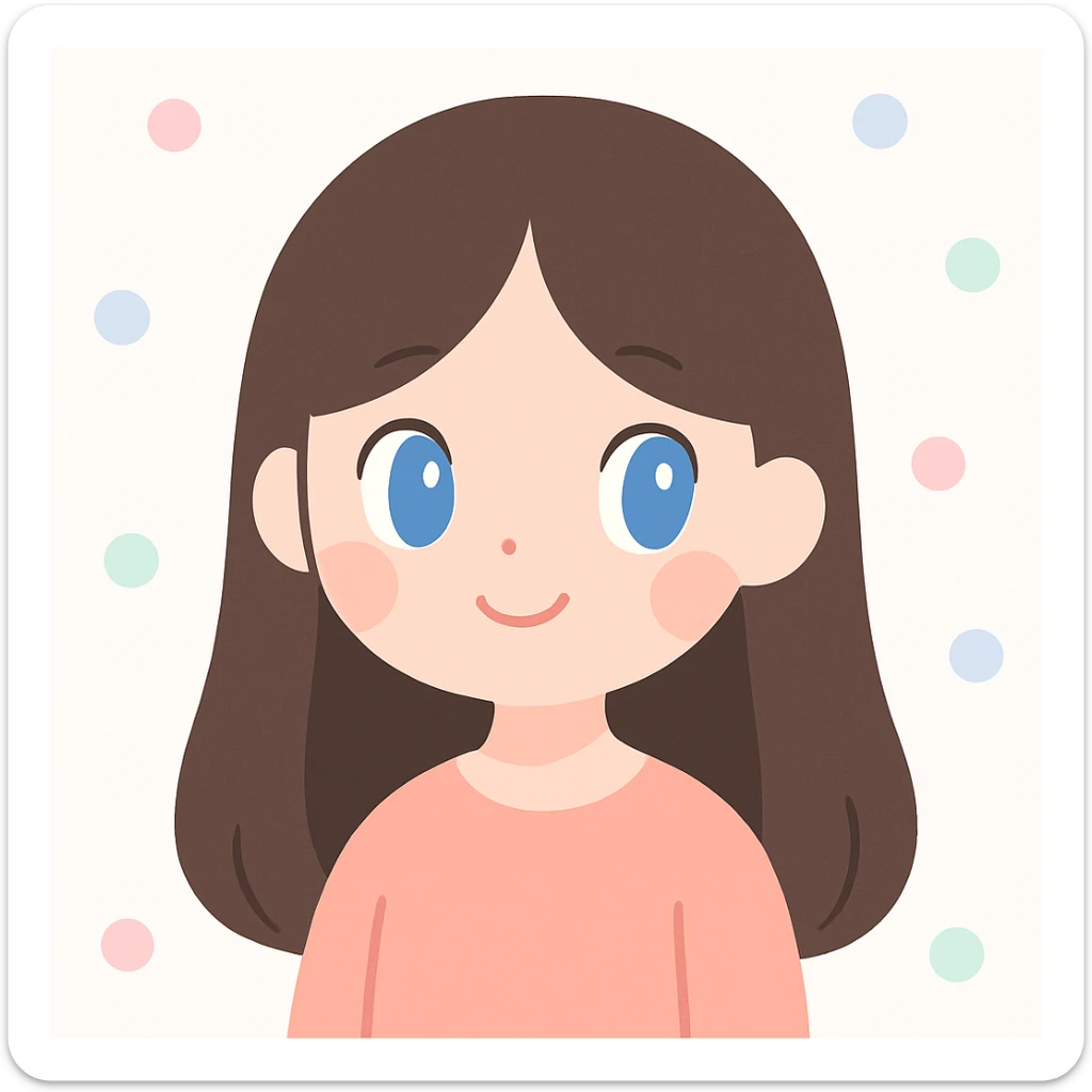 portrait of a girl with long straight brunette hair and blue eyes, clean background, modern illustration style sticker