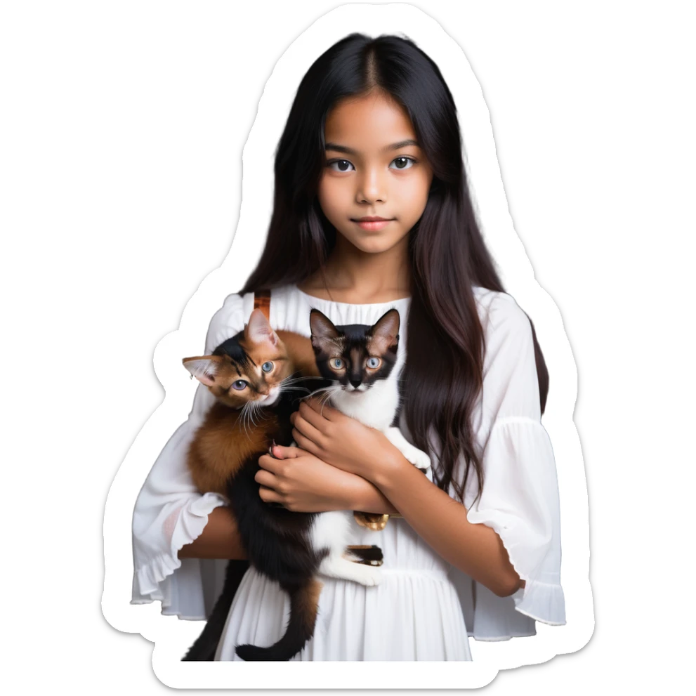 beautiful girl with long black hair wearing a white dress holding an Abyssinian cat with reddish-brown fur in her arms, close-up sticker