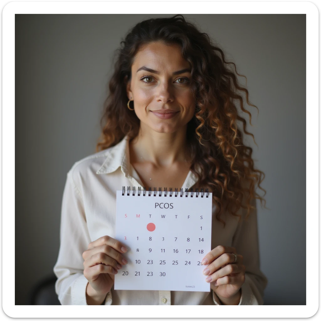 Donna con PCOS che tiene in mano un calendario con un segno rosso sul giorno del ciclo, espressione felice e sollevata, ambiente realistico, dettagli iperrealistici 4K, verticale 9:16. sticker