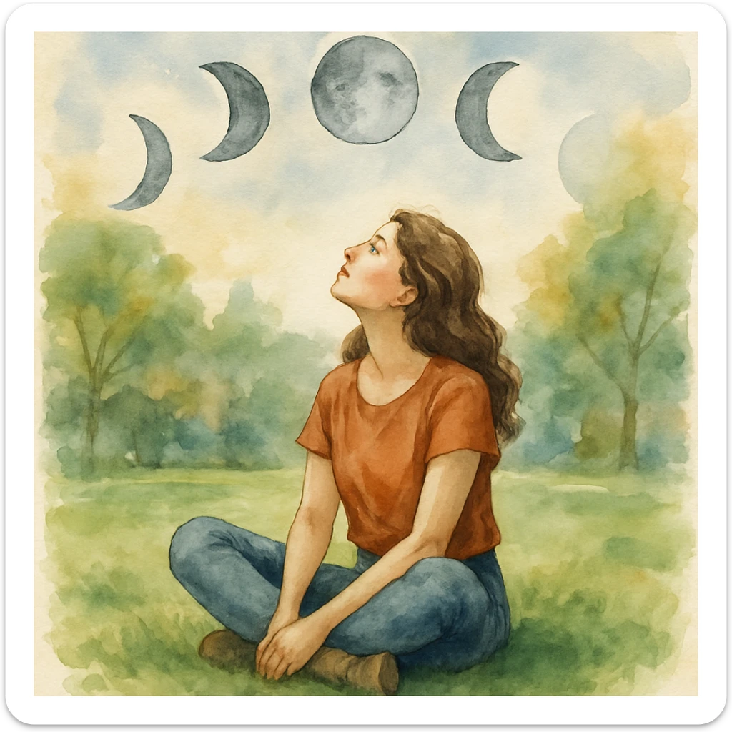 watercolor style of a woman sitting on the grass in a park, looking up, surrounded by the moons of the 4 phases sticker