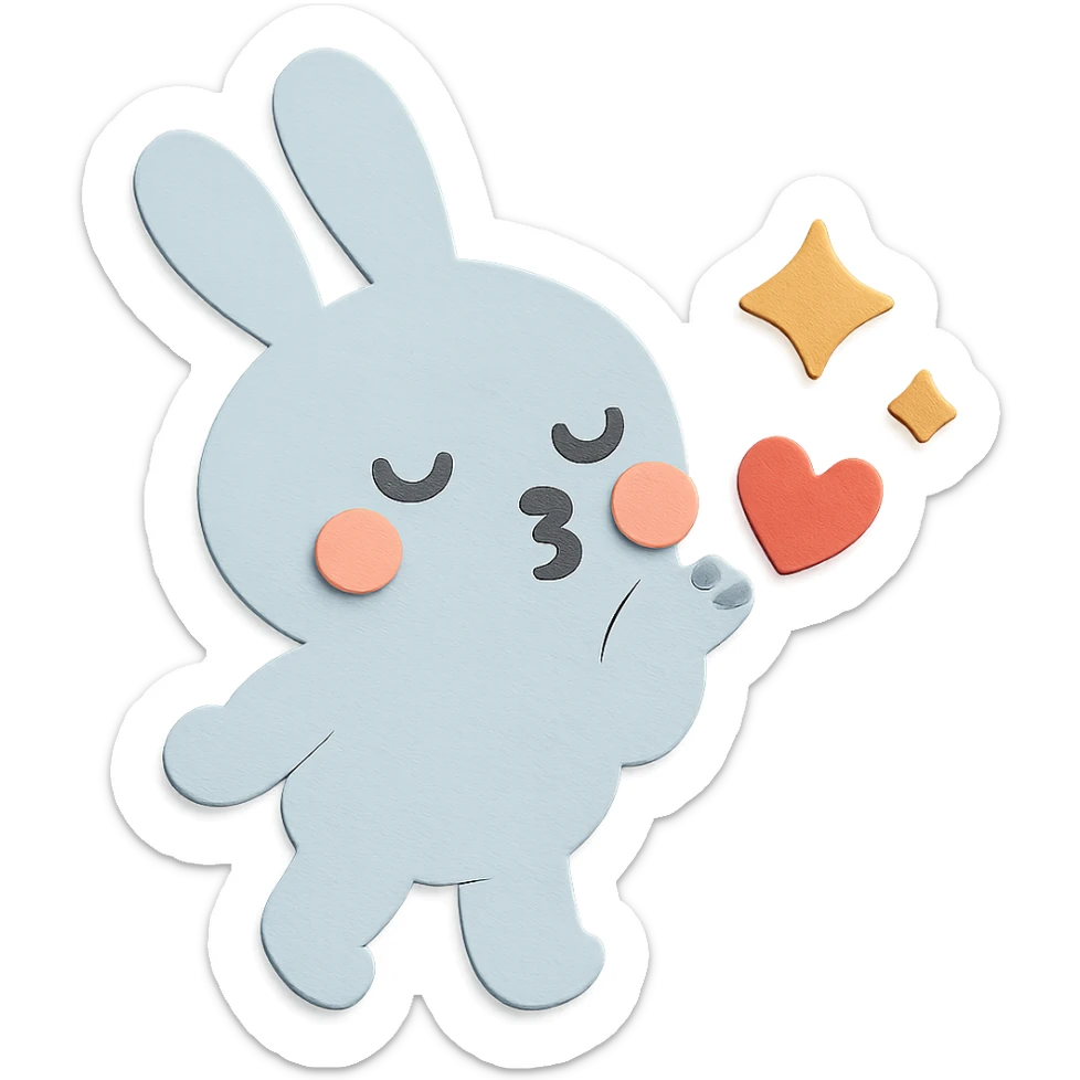 Change the bunny's color to pastel blue, keep it full-body, blowing a kiss with sparkles sticker