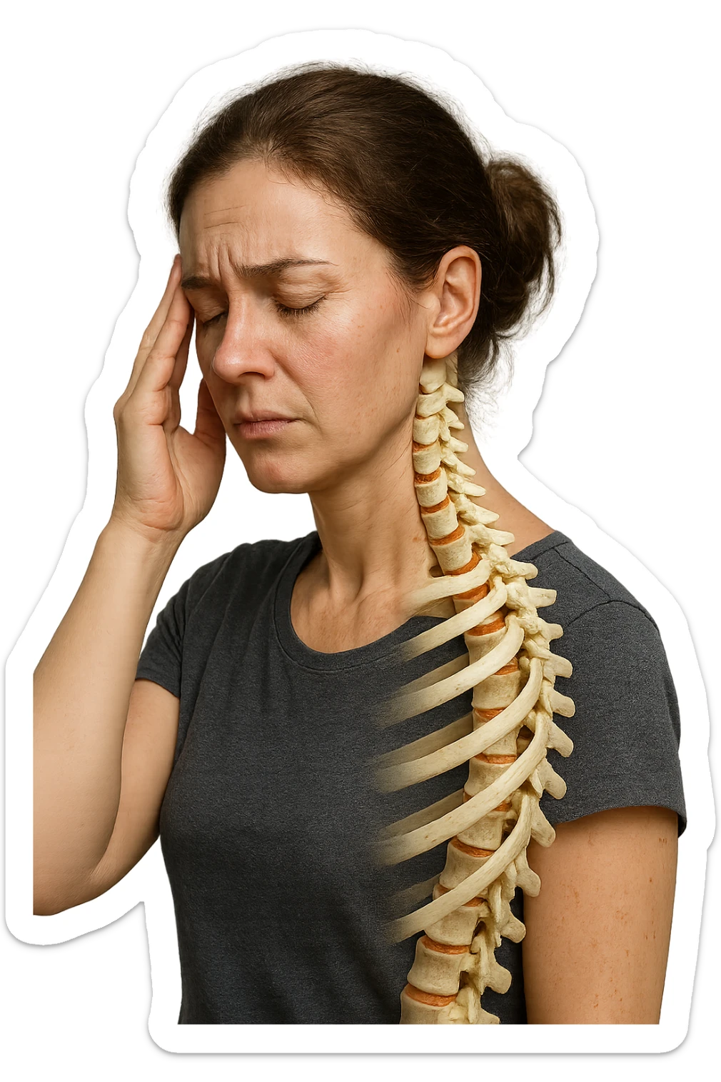 donna stanca che si tiene una mano sulla tempia con spina dorsale anatomica visibile, iperrealistico 4k sticker
