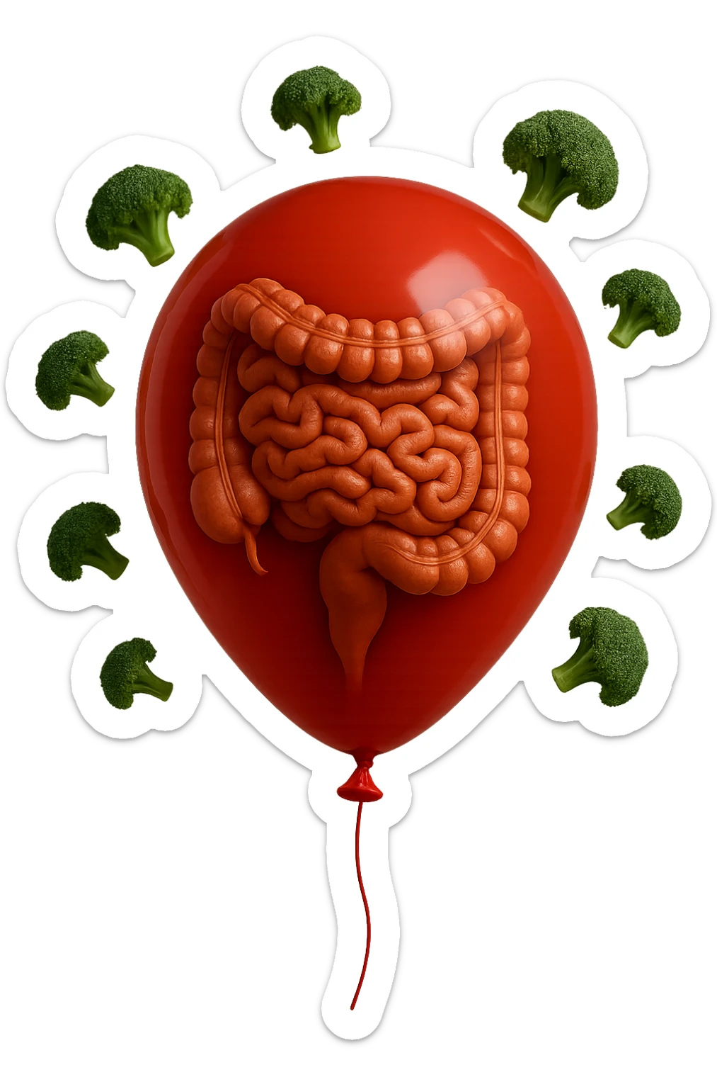 palloncino con intestino umano anatomico all'interno, attorno al quale fluttuano dei broccoletti, iperrealistico 4k sticker