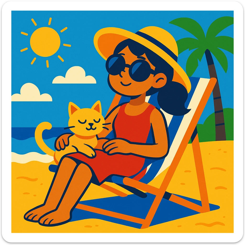 girl sitting in a beach chair with her cat, sunny summer day, vibrant toon style sticker