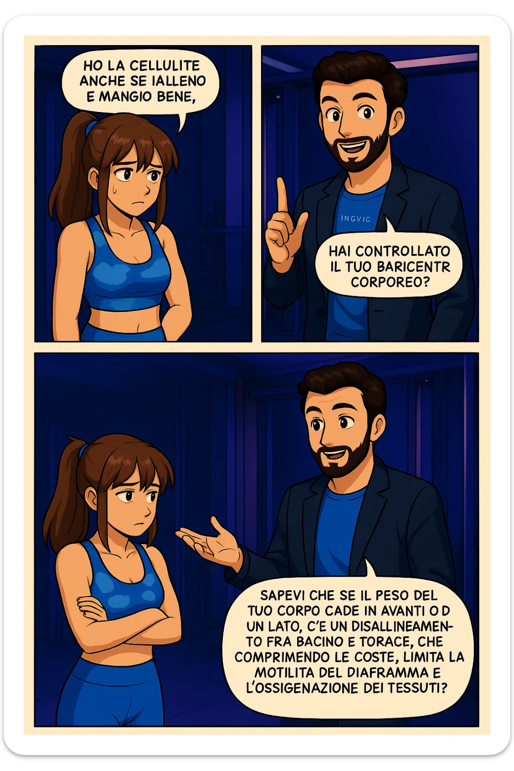 PRENDI SPUNTO DA QUESTO STILE FACENDO UN WEBTOON/MANGA:

LEI (DONNA): Ho la cellulite anche se mi alleno e mangio bene, cosa posso fare?

LUI (UOMO): Hai controllato il tuo baricentro corporeo?
LUI (UOMO): Sapevi che se il peso del tuo corpo cade in avanti o da un lato, c’è un disallineamento fra bacino e torace, che comprimendo le coste, limita la motilità del diaframma e l’ossigenazione dei tessuti?
LUI (UOMO): Il mio è il primo e unico percorso che lavora sugli inestetismi con un lavoro mirato sul baricentro corporeo. sticker